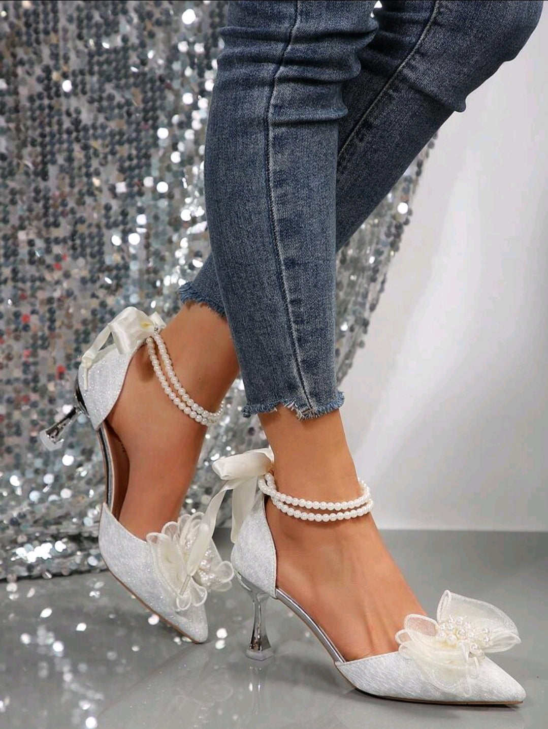 Pearl Butterfly Knot Thin Cross Strappy Heel Sandals