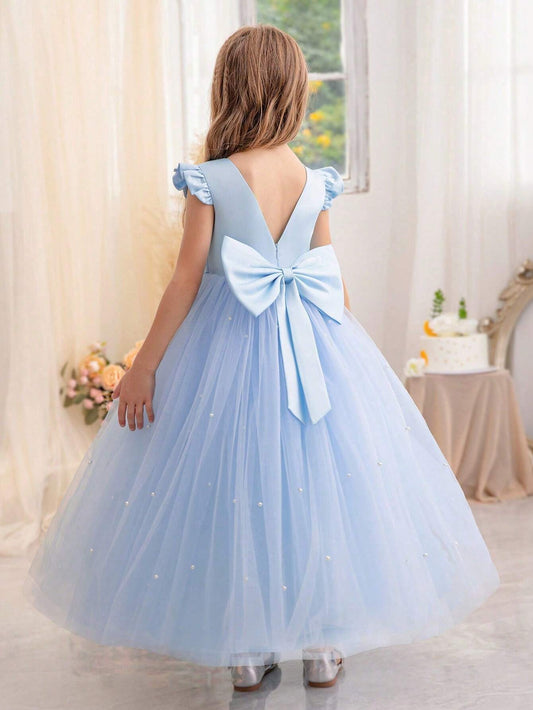 Sky Blue Tween Girl Ruffled Bowknot Decor Tulle Princess Dress