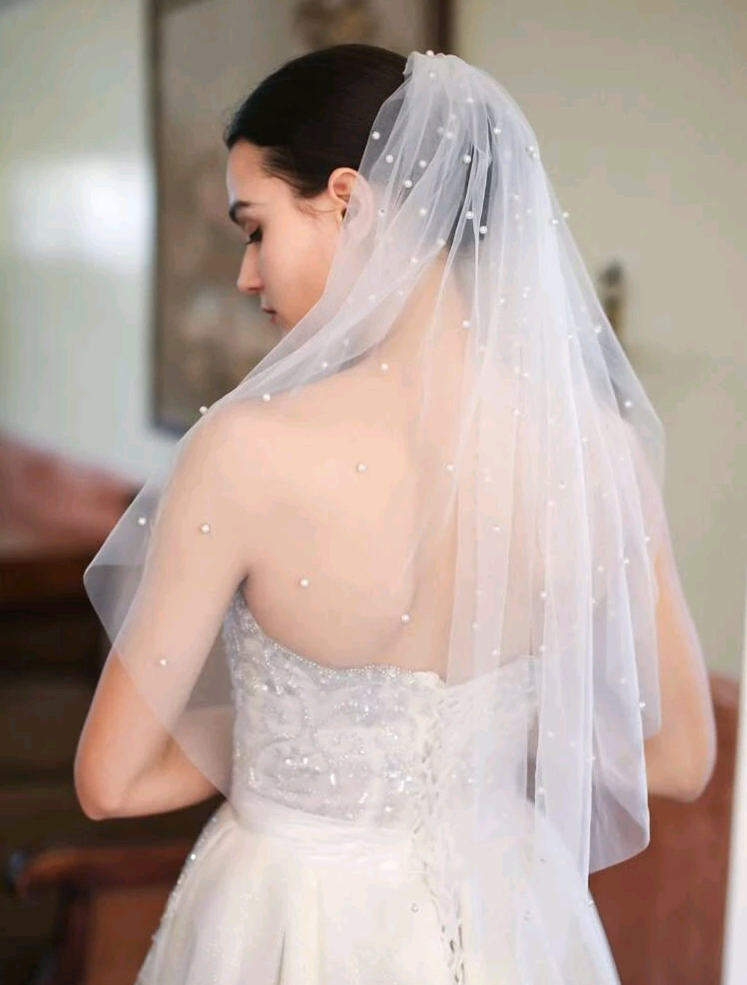 Short Faux Pearl Bridal Veil With Hair Comb