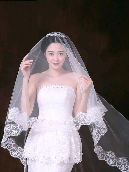 Bridal Veil With Lace Embroidery And 3m Length