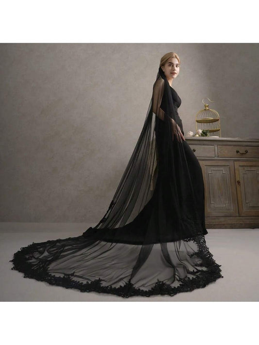 Handmade Lace Edge Bridal Veil Black Veil