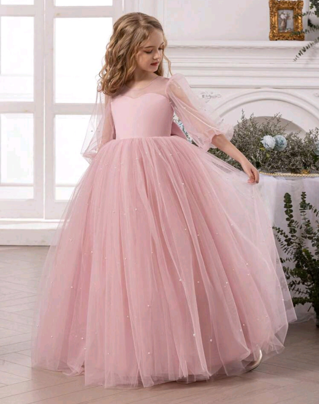 Tween Girl Pearl Bow Mesh Princess Dress