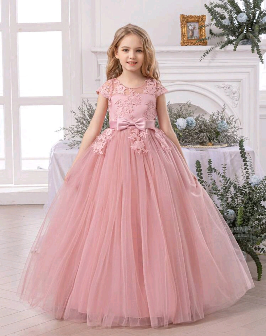 Tween Girl Bowknot Embroidered Tulle Party Dress