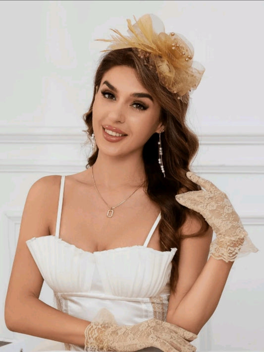 Fascinator And Lace Gloves Set Gold