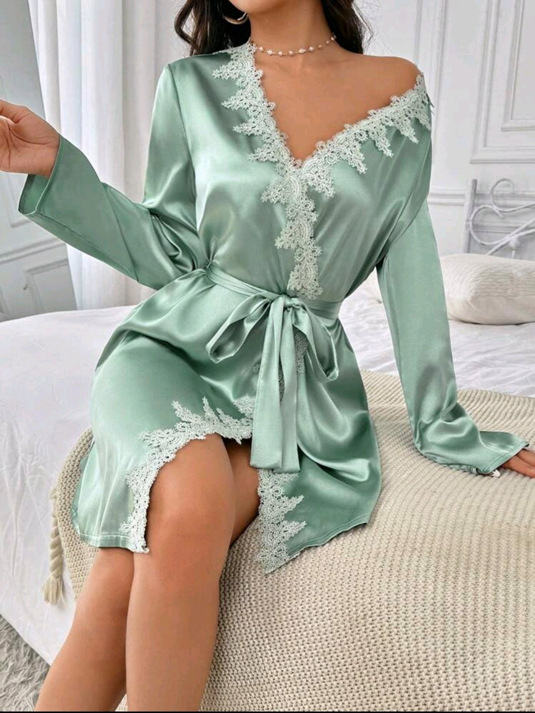 Satin Robe With Lace Details And Belted Waist