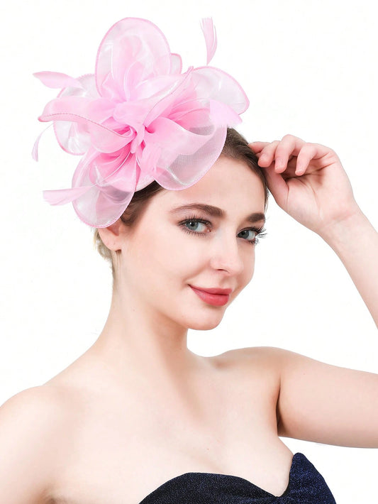 Pink Wedding Cocktail Flower Feathers Hair Clip