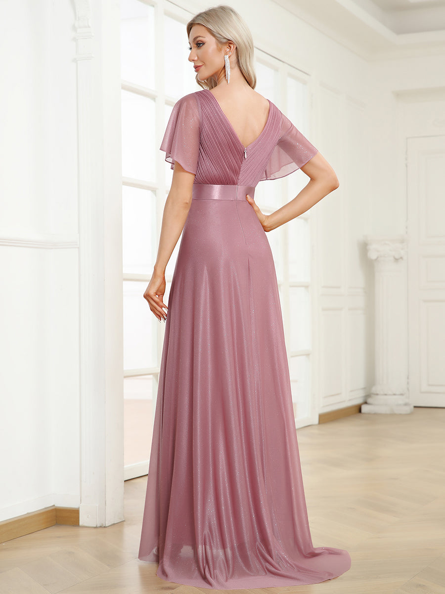Deep V Neck Ruffles Sleeve A Line Mother of Groom Dresses