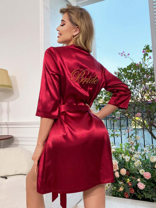 'Bride' Embroidery Belted Satin Robe Burgundy