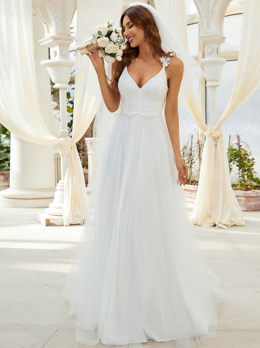 Double V-neck Lace Tulle Wedding Dress