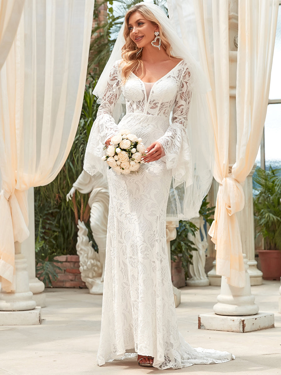 Bat-Wing Sleeves V-neck Fishtail Wedding Dress