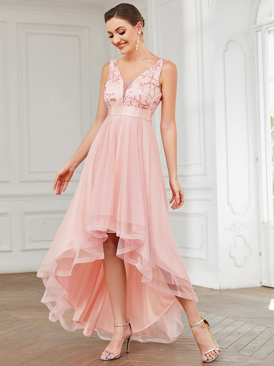 High-Low V Neck Tulle Prom Dress with Sequin Applique