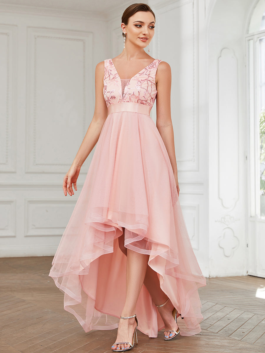 High-Low V Neck Tulle Prom Dress with Sequin Applique