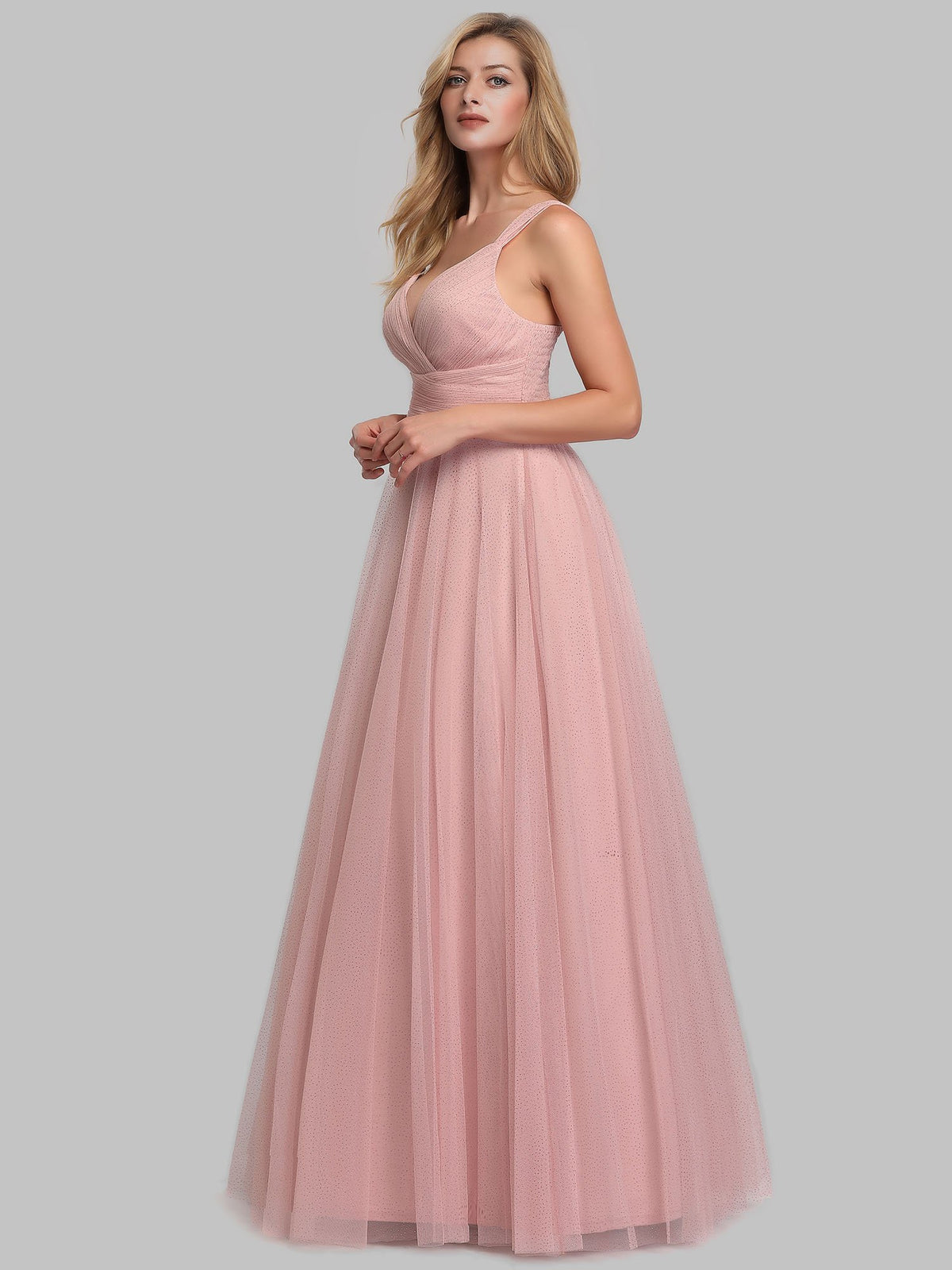 V-Neck Floor Length Spark Tulle Bridesmaid Dress