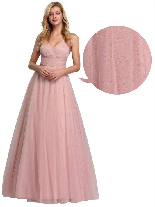 V-Neck Floor Length Spark Tulle Bridesmaid Dress