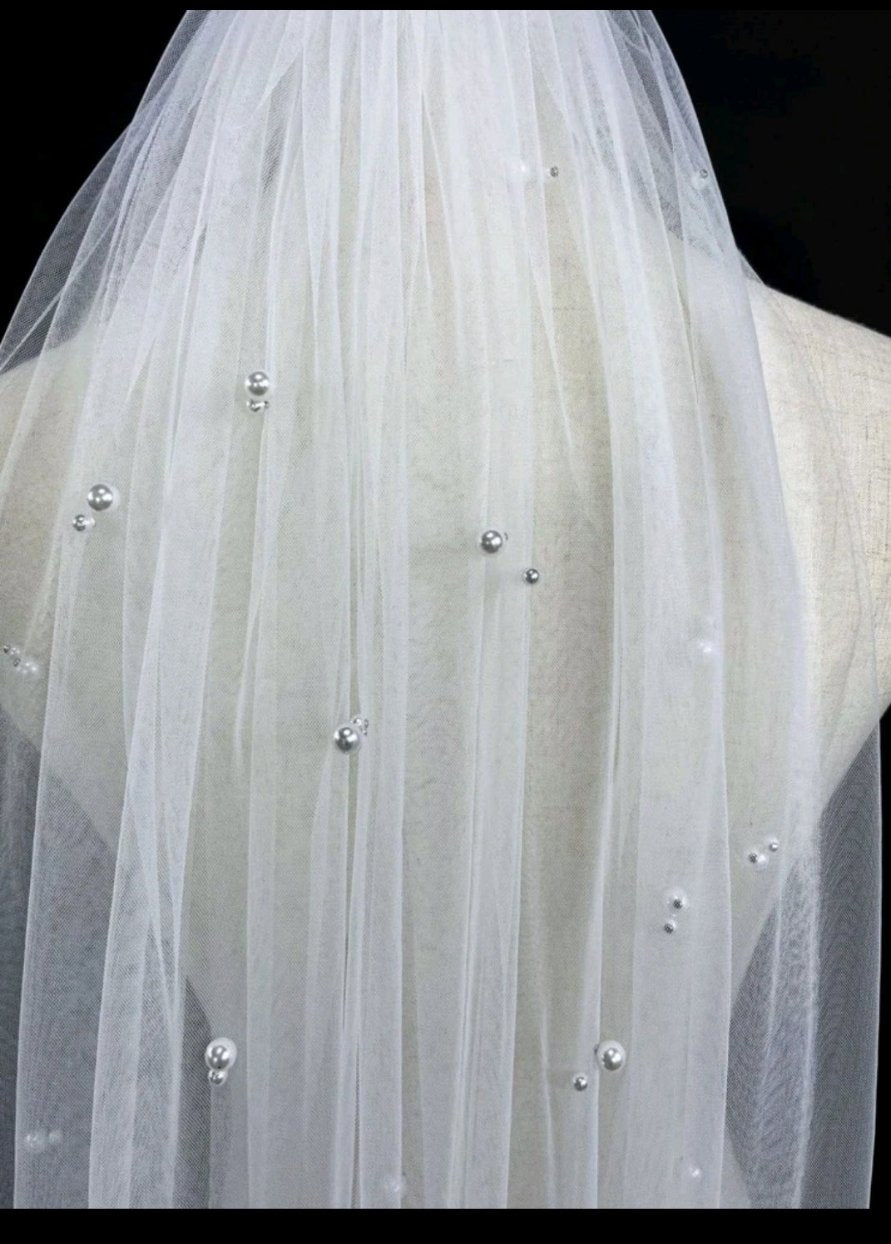 Faux Pearl Detail Bridal Veil - Pure White