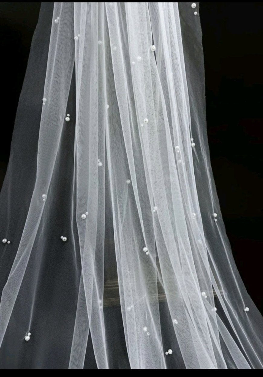 Faux Pearl Detail Bridal Veil - Pure White