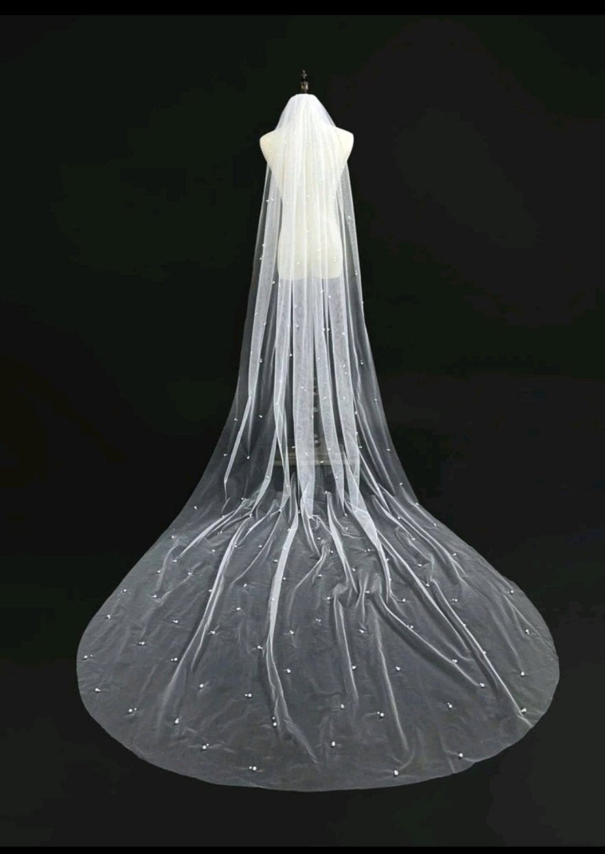 Faux Pearl Detail Bridal Veil - Pure White